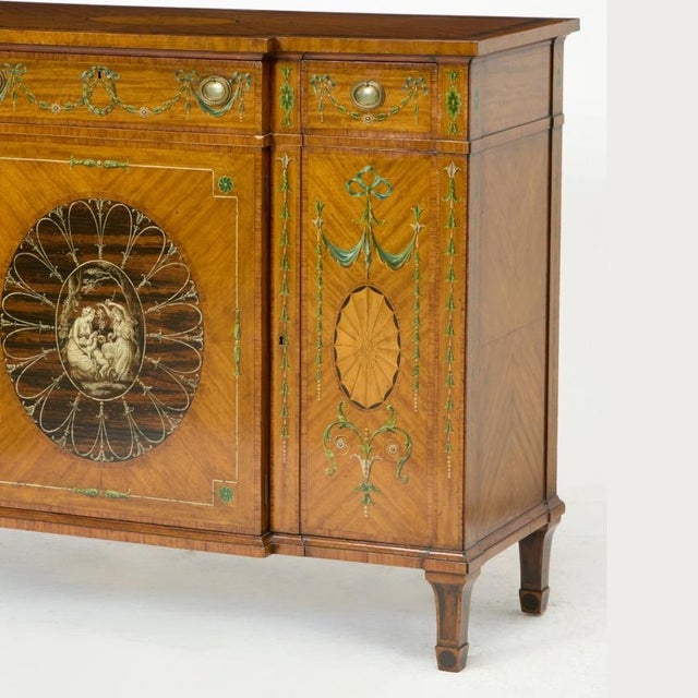Wood 19th Century Edwardian Calamander Tulipwood Inlaid & Painted Satinwood Sideboard For Sale - Image 7 of 13