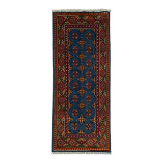 Blue Tribal Oriental Wool Runner Rug With Geometric Medallions, 2'7" X 6'8" For Sale