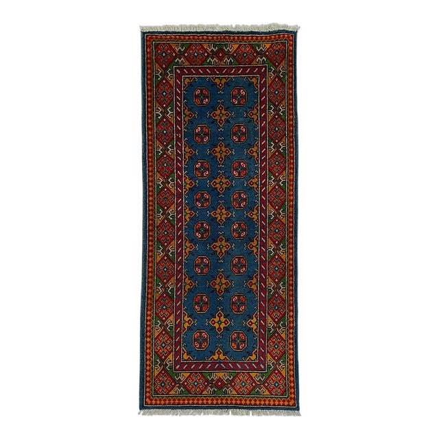 Blue Tribal Oriental Wool Runner Rug With Geometric Medallions, 2'7" X 6'8" For Sale