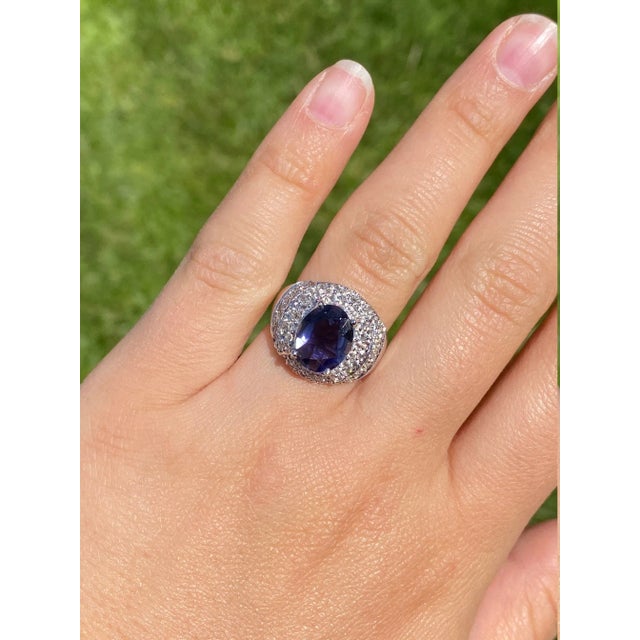 Light Gray The Mahonia: Ladies White Gold Cocktail Ring set with 4.37 CT Iolite Center and White Zircon For Sale - Image 8 of 10