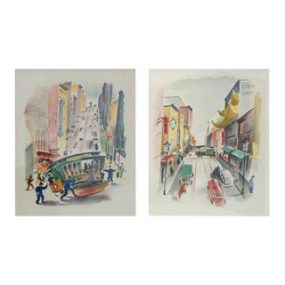 1940s Signed Benjamin Jorj Harris Airbrush Cable Car Artworks - A Pair For Sale
