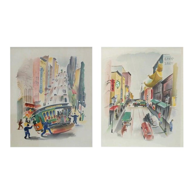 1940s Signed Benjamin Jorj Harris Airbrush Cable Car Artworks - A Pair For Sale
