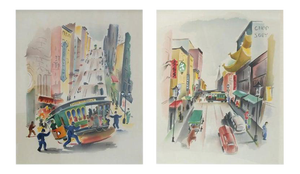 1940s Signed Benjamin Jorj Harris Airbrush Cable Car Artworks - A Pair