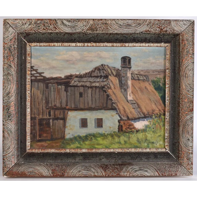 Early 20th Century Oil Painting European Barn Landscape in Faux Bois Frame For Sale - Image 13 of 13