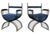 Pair of Mid Century Roman inspired Savonarola chairs in iron with brass finials and ornamentation. Upholstered in Blue...