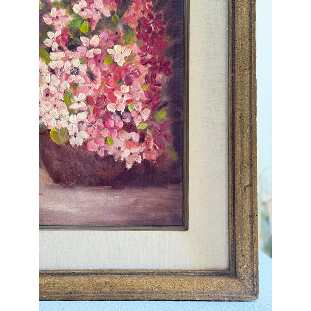 Original Vintage Floral Oil Painting, Impasto Pink Blossoms Still Life, Gilt Frame, Mid Century Art For Sale - Image 11 of 11