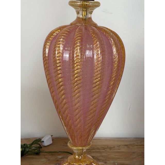 Mid 20th Century Murano Pink and Gold Glass Table Lamps W/ Coordinating Parchment Shades - a Pair For Sale - Image 15 of 16