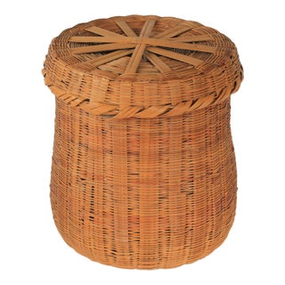 Vintage Lidded Woven Wicker Basket For Sale