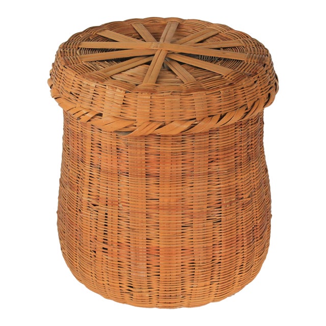 Vintage Lidded Woven Wicker Basket For Sale