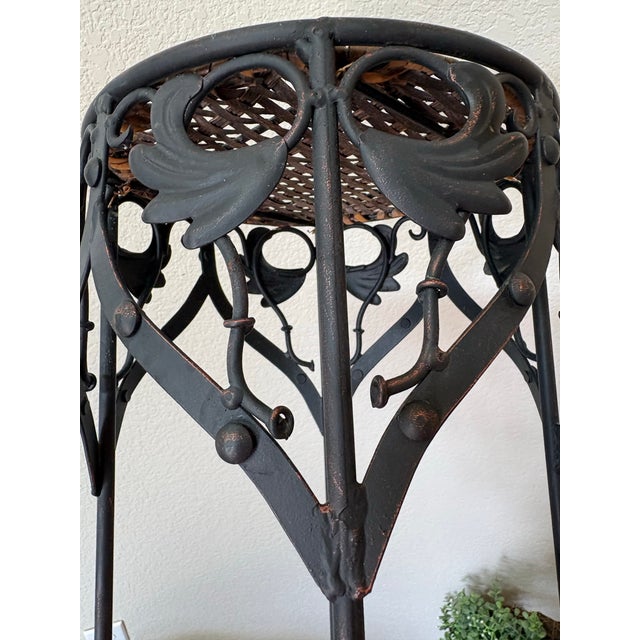 Vintage Wrought Iron Pedestal Plant Stand With Woven Wicker Top For Sale - Image 4 of 7