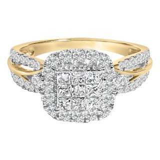 10K Yellow Gold 1.0 Cttw Diamond Composite Cushion-Shape Halo 3-Band-Look Engagement Ring (H-I Color, SI1-SI2 Clarity) - Size 6-1/2 For Sale