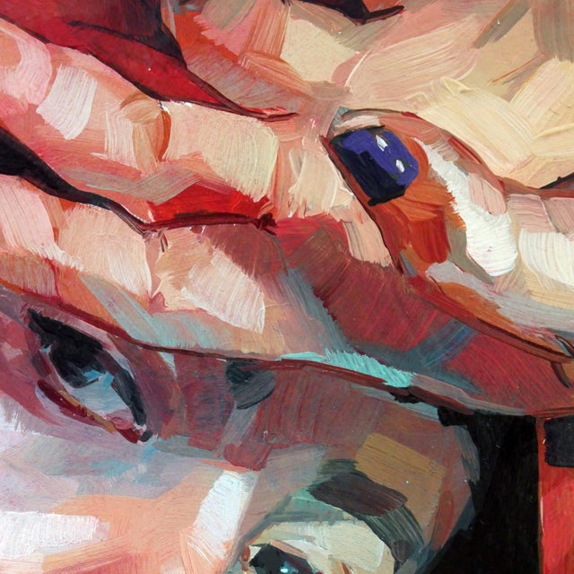 Captured Moment 3 by Ale Casanova | Oil on panel Portrait of a woman in a red hoodie. For Sale - Image 4 of 4