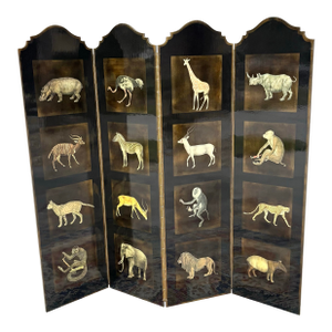 Vintage Lacquered Four Panel Room Divider Screen With Exotic Animals