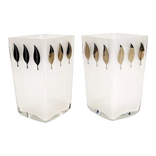 Pair of Italian Glass Flower Vases With Silver Leaf Motif For Sale