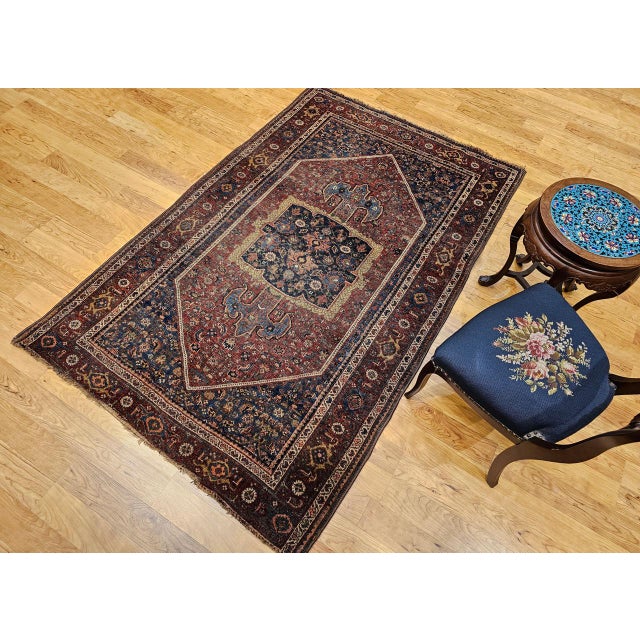 19th Century Persian Bidjar Rug, Hand-Knotted Wool, Geometric Herati Pattern, Burgundy & Blue, 5x7 For Sale In Chicago - Image 6 of 18