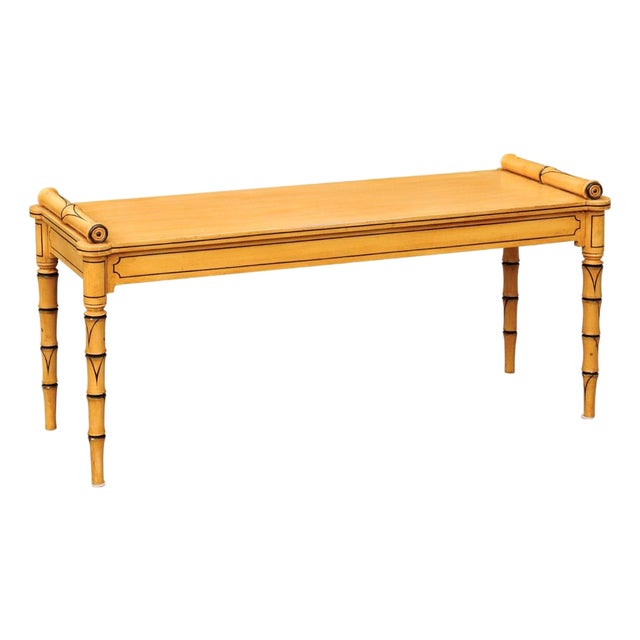 Vintage English Midcentury Goldenrod Painted Wooden Bench with Black Accents For Sale