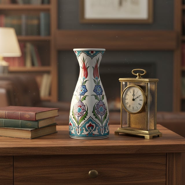 Art Deco Handmade Ceramic Vase (25cm) Traditional Turkish Red Tulip & Purple Floral Pattern – Elegant Conical Art Decor For Sale - Image 3 of 6