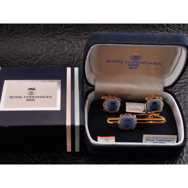 Vintage Royal Danish Copenhagen Gold Plate & Porcelain Cufflinks Circa 1980 In Origial Blue Velvet and Champagne case...