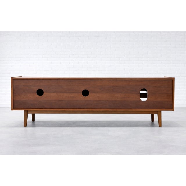 Wood Modern Walnut Credenza / Media Console | Minimalist Sliding Door Sideboard For Sale - Image 7 of 7
