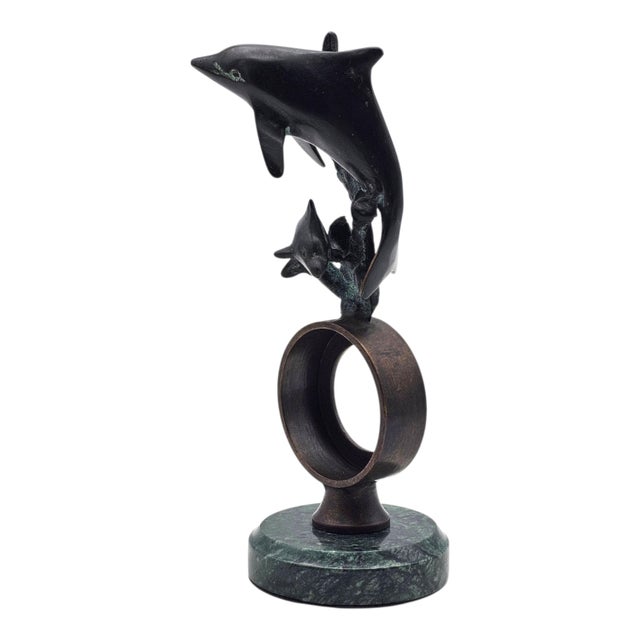 Metal Modernist Bronze Dolphin Sculpture on Marble Base, 8" For Sale - Image 7 of 14