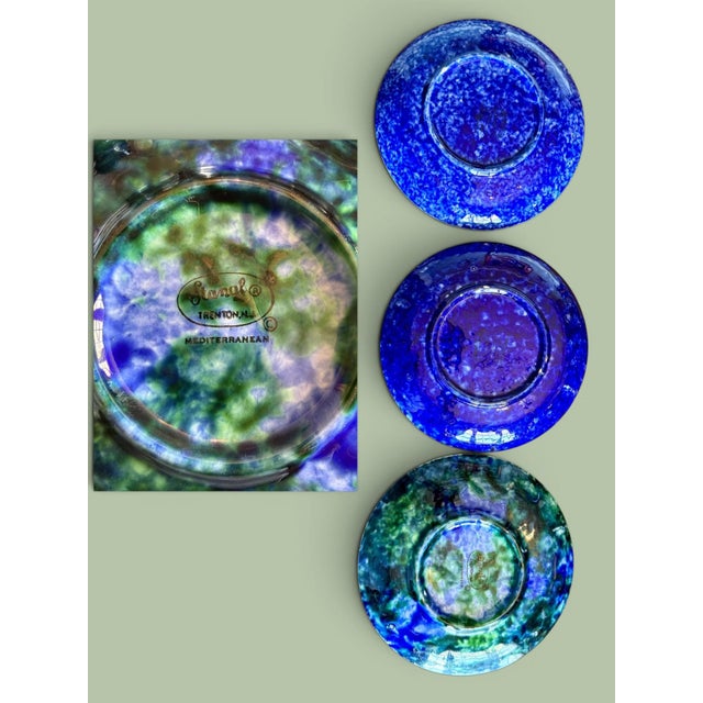 1950s Mid Century Modern Stangl Mediterranean Art Pottery Blue Green Coffee Cups Saucers - Set of 3 For Sale - Image 6 of 11