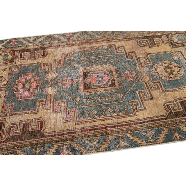 1960s Vintage Persian Distressed Handmade Geometric Tan Wool Rug For Sale In New York - Image 6 of 7