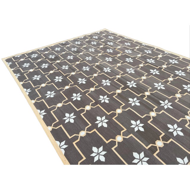 Textile Not Yet Made - Made To Order Handmade Cotton Area Rug, Natural Vegetable Dyed, Brown and Cream Flower Pattern Dhurrie - 8'x10' For Sale - Image 7 of 11
