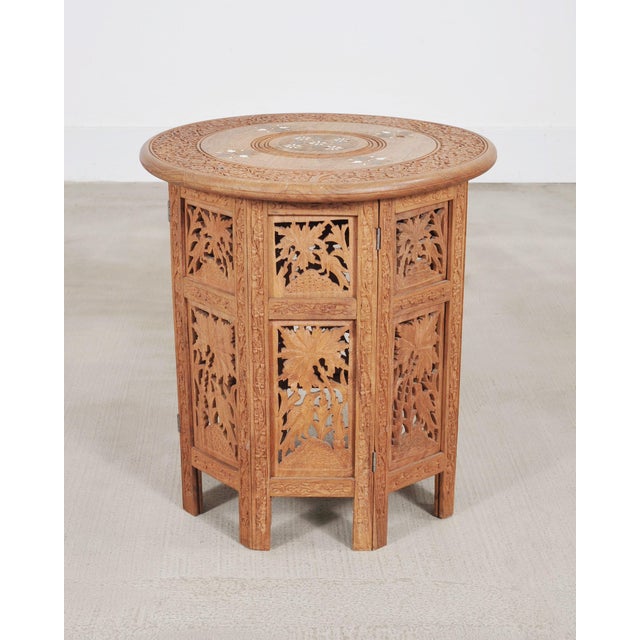 Islamic Moorish Style Carved Teak Inlaid Round Tabouret Drink Table For Sale - Image 3 of 18