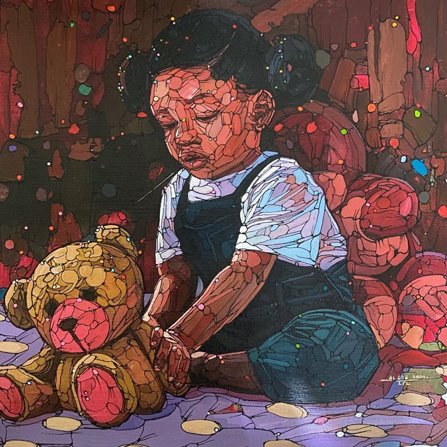Seed of Love I by Ifeoluwa Alade | Acrylic on canvas of a child with a teddy bear For Sale
