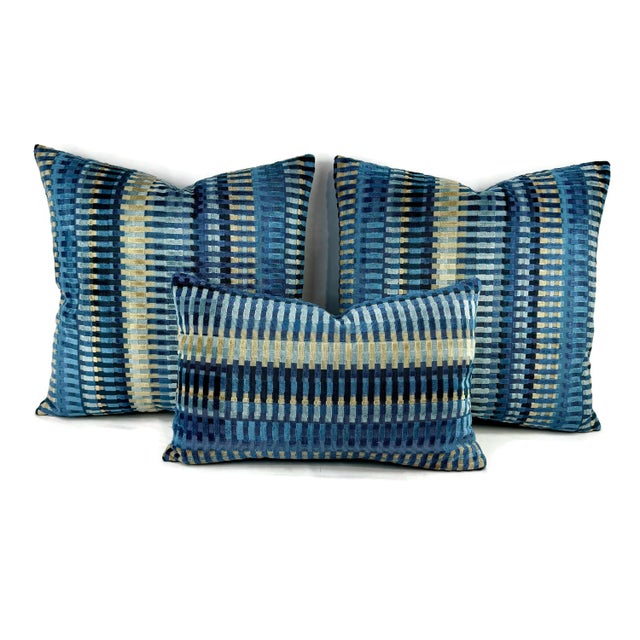 2020s Lee Jofa Picket in Night Sky Lumbar Pillow Cover -Blue Stripe Velvet For Sale - Image 5 of 5
