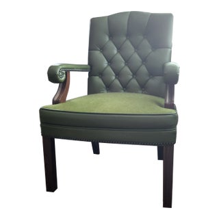 Mid 20th Century MCM Library Chair Moss Green Leather Blend/Woven Fabric With Button Tuft & Nailtacks, Swirled Arms, Dark Wood, Executives For Sale
