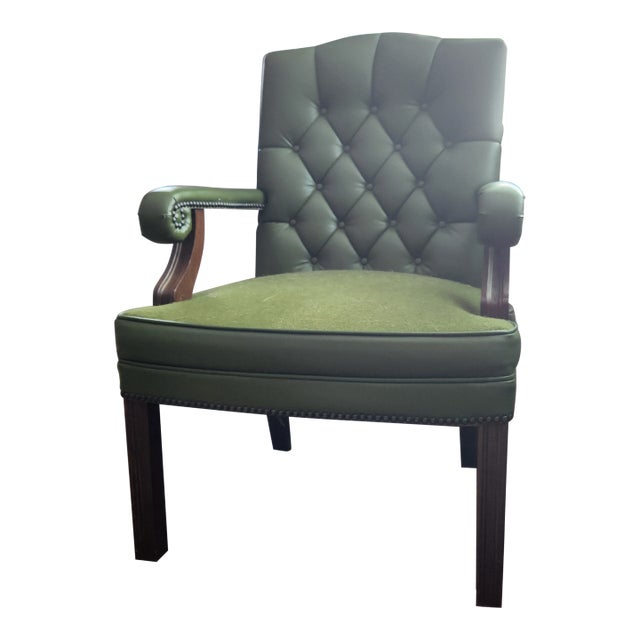 Mid 20th Century MCM Library Chair Moss Green Leather Blend/Woven Fabric With Button Tuft & Nailtacks, Swirled Arms, Dark Wood, Executives For Sale