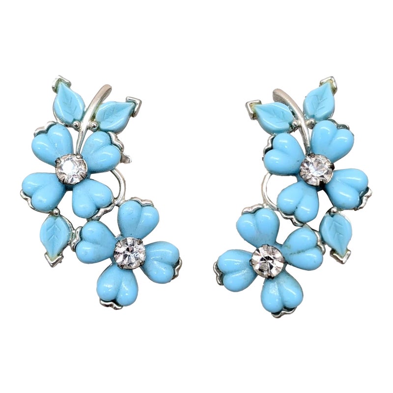 Vintage Signed Kramer Baby Blue Double Flower Clear Rhinestone Clip Earrings