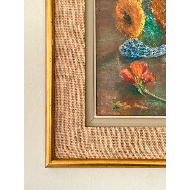 French Mid-Century Floral Still Life in Orange and Blues Oil on Board, Initialed, Dated 1957 For Sale In New York - Image 6 of 13