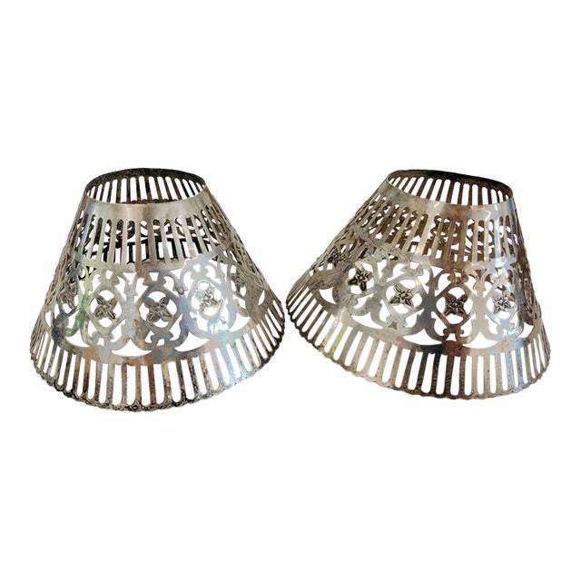 Vintage Pierced Silverplate Lamp Shades S/2 For Sale