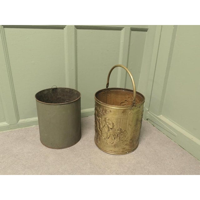 Arts and Crafts Brass Coal Bucket with Tavern Scenes, 1930s For Sale - Image 4 of 8