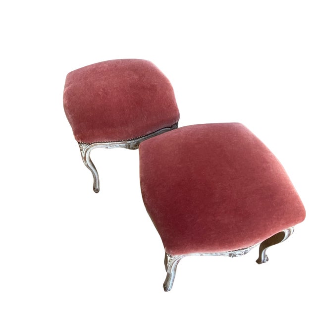 Pair of 19th Century French Provincial Mohair Footstools - Carved Serpentine Frames, Custom Finish and Dusty Rose Upholstery For Sale - Image 15 of 16