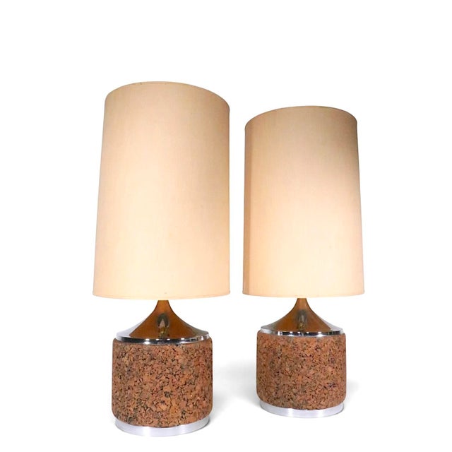 Mid 20th Century Danish Modern Cork and Chrome Table Lamps With Original Shades - Pair For Sale - Image 12 of 14