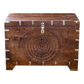 1920s Antique Indian Mandala Carved Dowry Bridal Hope Chest Trunk For Sale