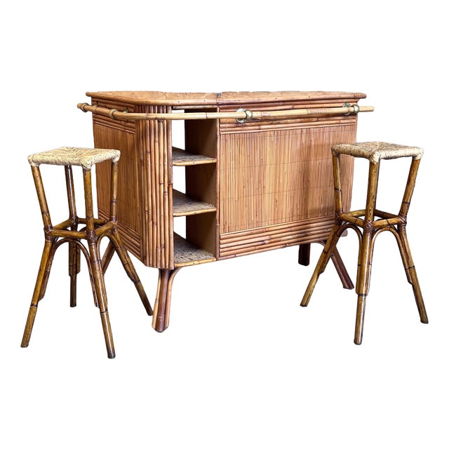 Mid-Century French Bamboo Tiki Bar with Stools, 1960s, Set of 3 For Sale
