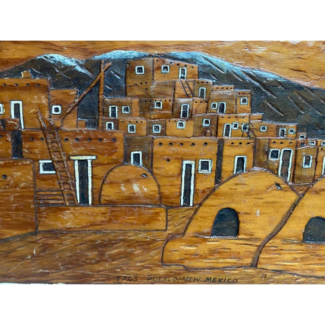 Coffee Hand Carved Taos Pueblo Wood Wall Panel Signed and Dated 1977 For Sale - Image 8 of 10