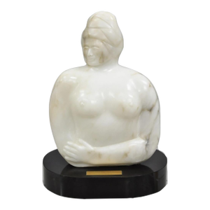 Late 20th Century Morton Gaffin "Woman III" Modernist Carved White Alabaster Nude Bust Sculpture