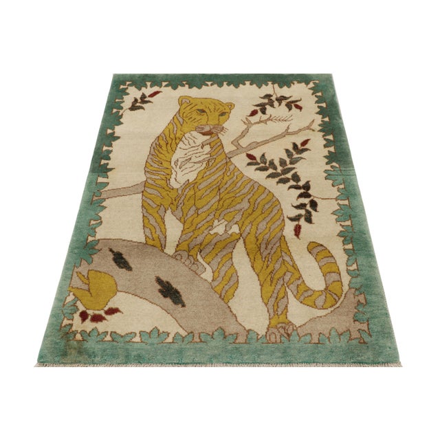 Rug & Kilim Vintage Gabbeh Persian Rug, Cream With Gold Lion Pictorial - Rug & Kilim For Sale - Image 4 of 8