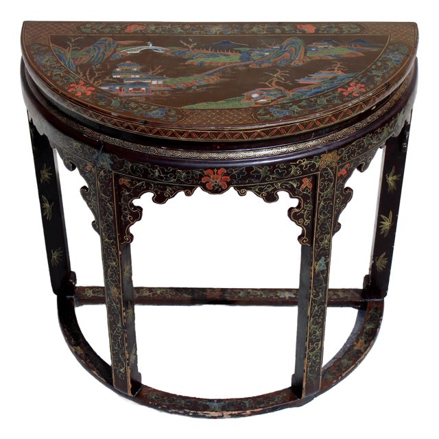 Antique 19th Century Chinese Brown Lacquer Demi-Lune Console Table | Hand-Painted Gilt Decor For Sale