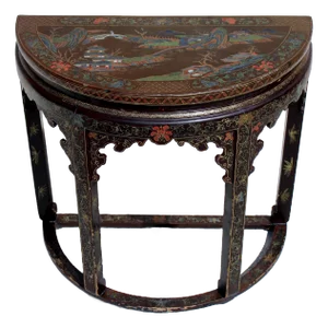 Antique 19th Century Chinese Brown Lacquer Demi-Lune Console Table | Hand-Painted Gilt Decor