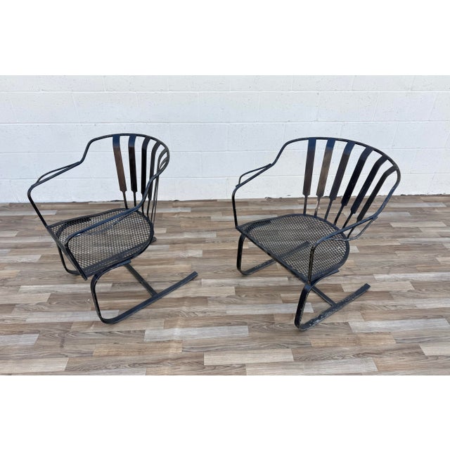 Black Pair of Vintage Mid-Century Modern Wrought Iron Patio Bouncer Lounge Chairs | Russell Woodard Style For Sale - Image 8 of 18