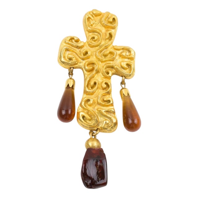 Edouard Rambaud Byzantine Gilded Metal Cross Brooch with Amber Resin Drops For Sale