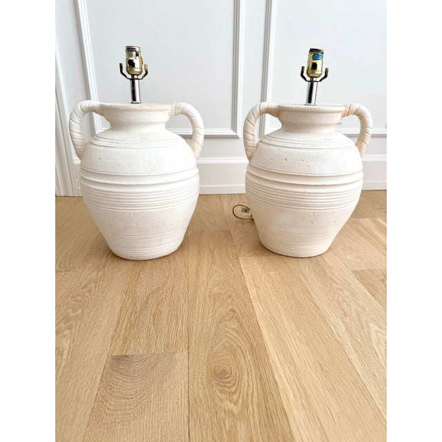 Contemporary Incredible and Rare Signed Pair of Sculptural, Hand-Made Danish Plaster Amphora Table Lamps by S + Mind, 1987 For Sale - Image 3 of 10