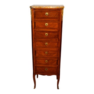 1920s Antique French Louis XV Walnut Satinwood Inlay & Marble Top Lingerie Stand For Sale