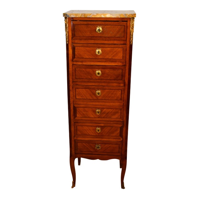 1920s Antique French Louis XV Walnut Satinwood Inlay & Marble Top Lingerie Stand For Sale